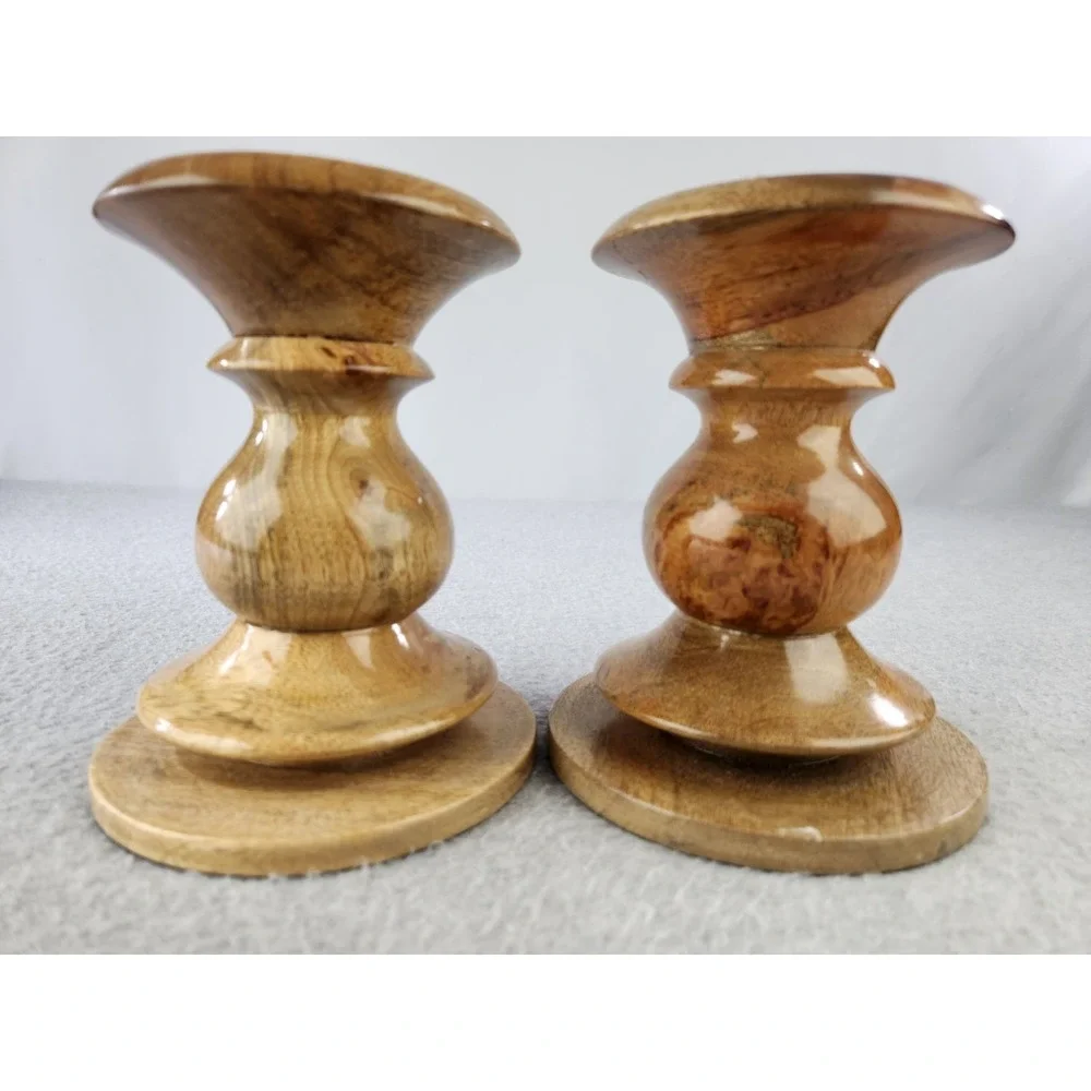 Pottery Barn Candle Holder Turned Wood Pillar Bougeoir Vintage MCM Wooden Decor
